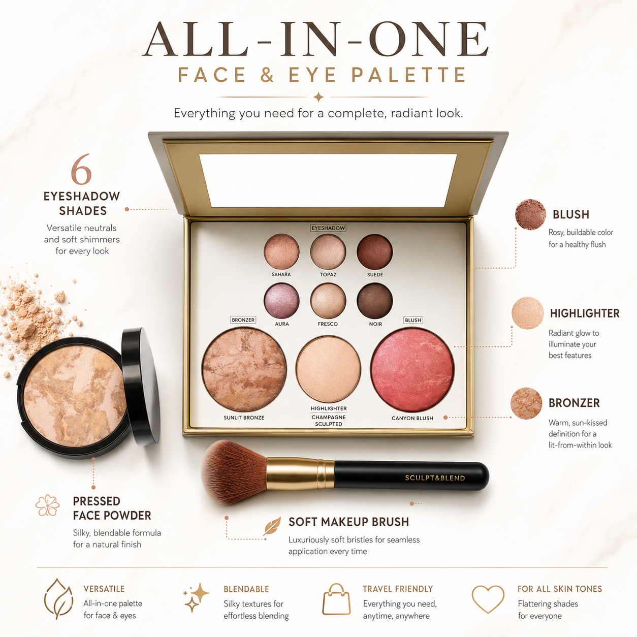 All in 1 Starter Kit - Beauty Brush Included With Baked Multicolor Eyeshadow Palette